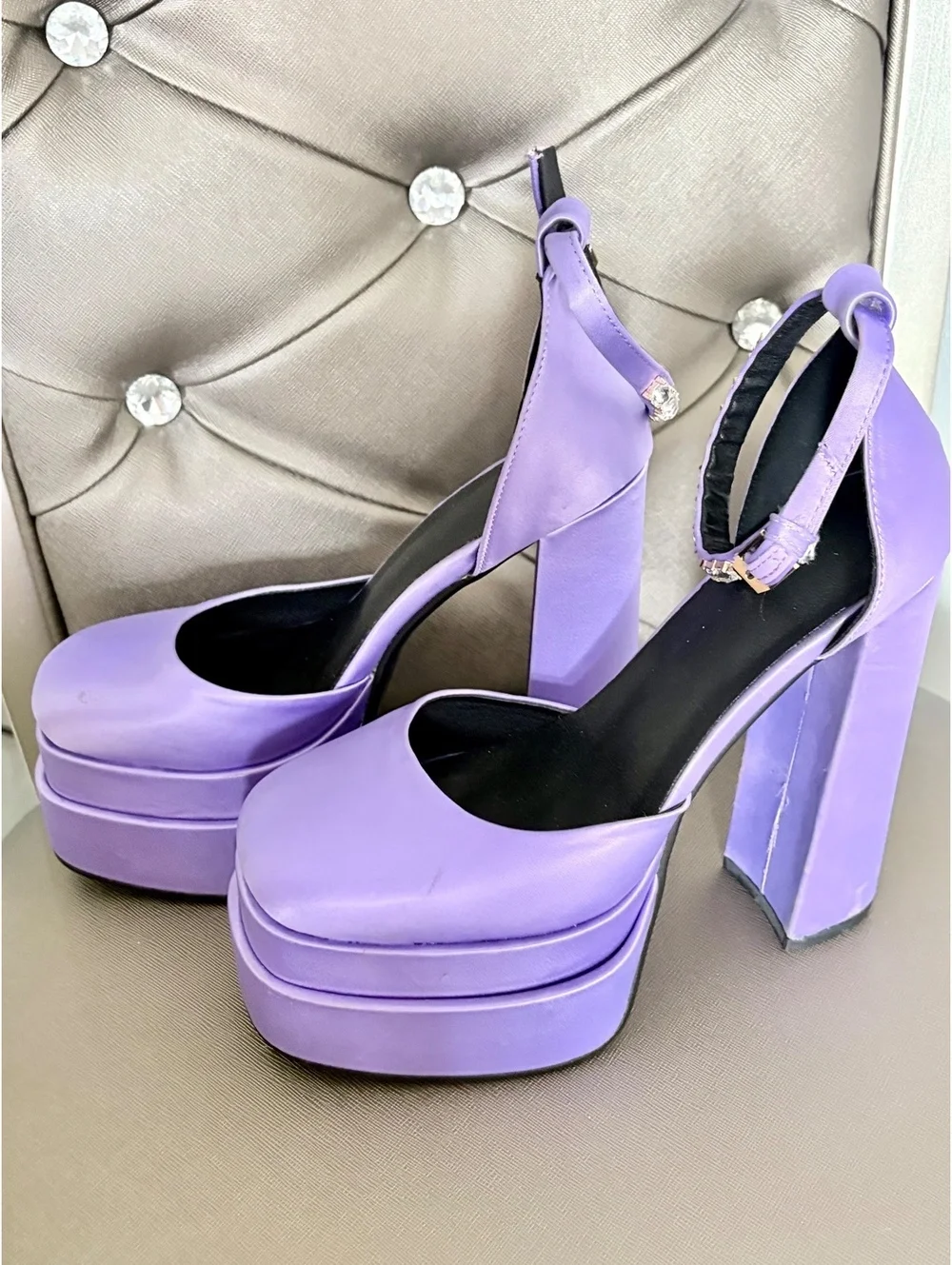 Y2K Purple Satin Platform Heels Size 8 Rhinestone Chunky High Heels